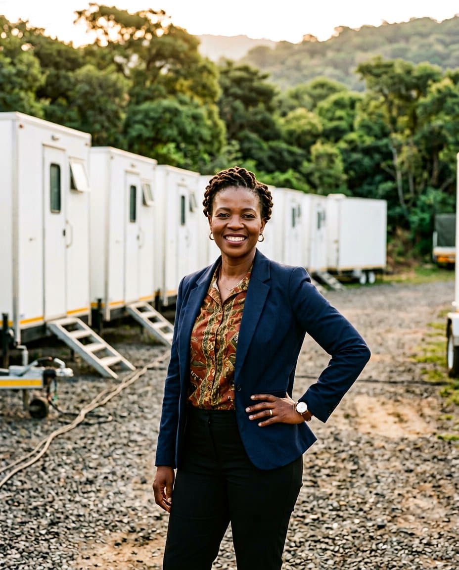 Lindiwe Maseko standing with her fleet of mobile event and sanitation trailers in Mpumalanga