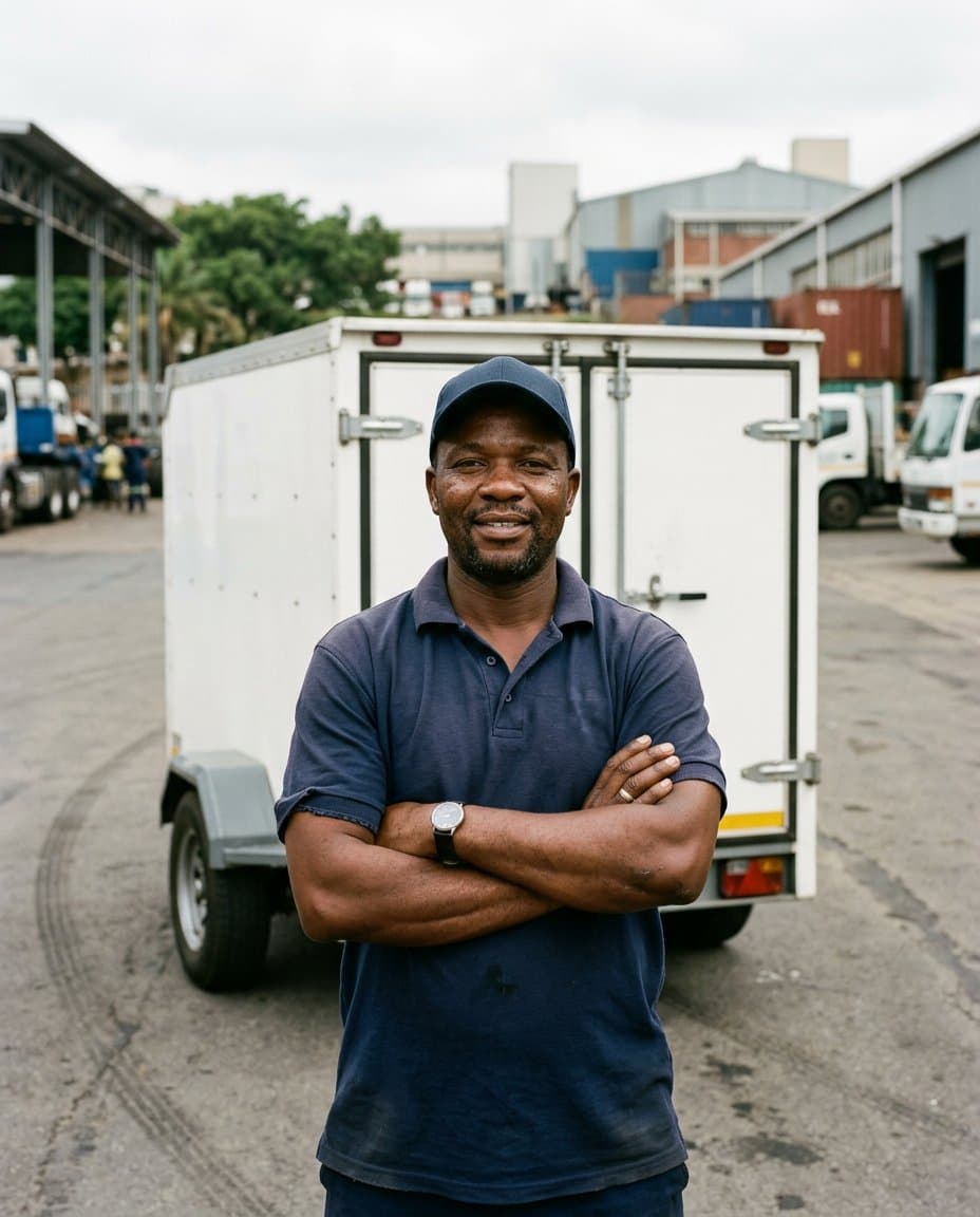 Sipho Dlamini standing in front of his enclosed cargo trailer in Durban